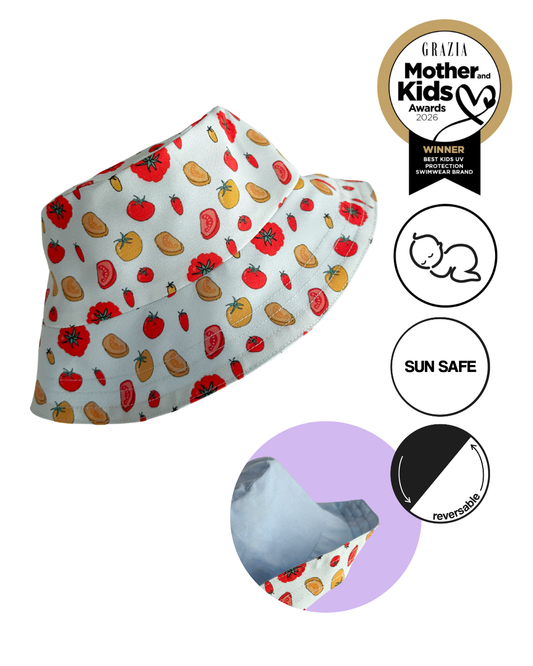 Двулицева детска шапка с естествена UV бариера - BIO TOMATOES light blue mom 2 kid collection *limited edition*