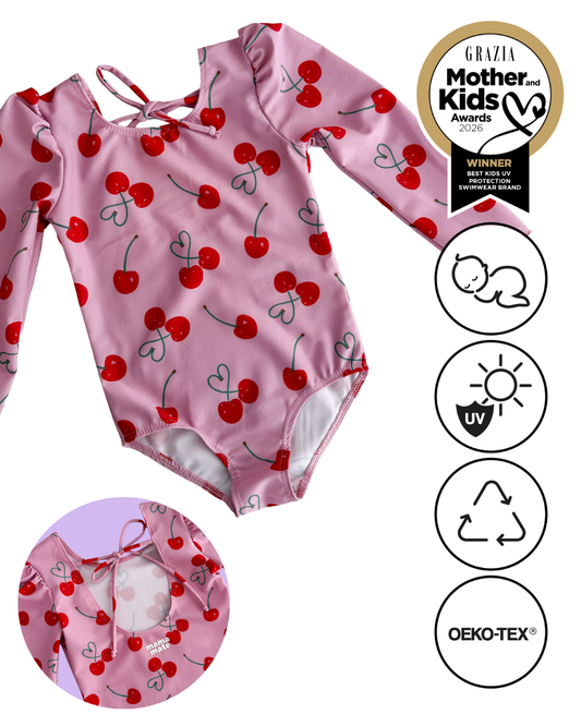 Детски цял бански с дълъг ръкав и UV защита (UPF 50+) - cherries SS26