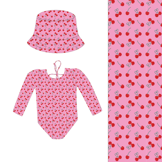 *PRE-ORDER* Bundle бански & шапка - MARINA - Детски цял бански с дълъг ръкав и UV защита (UPF 50+) - cherries SS26