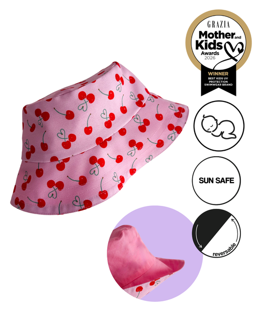 *PRE-ORDER* Двулицева детска шапка Bucket hat с естествена UV бариера - cherries SS26