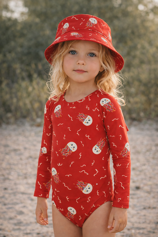 *PRE-ORDER* MARINA - Детски цял бански с дълъг ръкав и UV защита (UPF 50+) - JELLY FISH RED HIGH VISIBILITY SS26