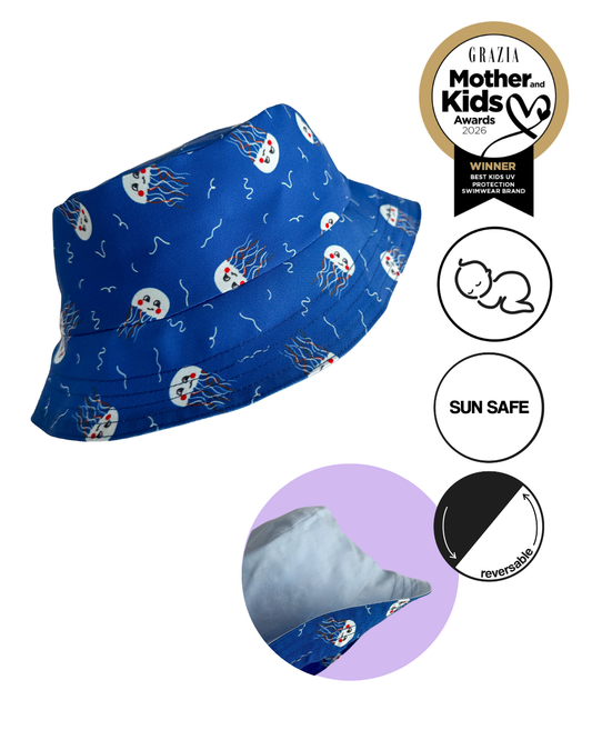 *PRE-ORDER* Двулицева детска шапка Bucket hat с естествена UV бариера - JELLY FISH BLUE