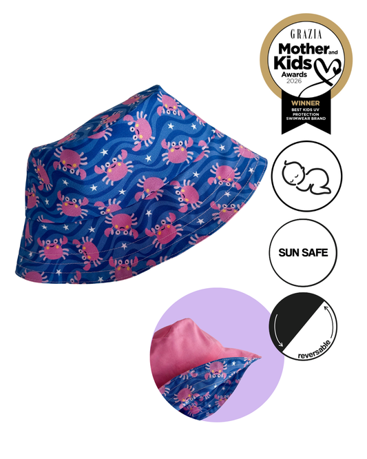 *PRE-ORDER* Двулицева детска шапка Bucket hat с естествена UV бариера - crab pink & blue SS26