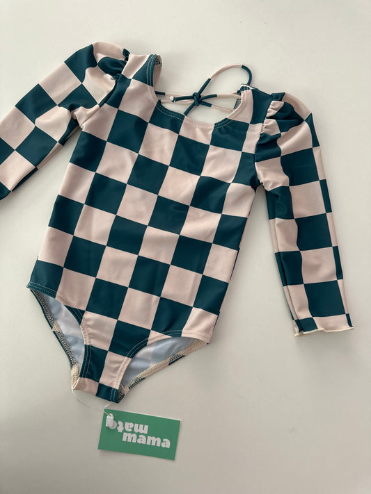 MARINA - Детски цял бански с дълъг ръкав и UV защита (UPF 50+) - green checks