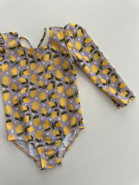 MARINA - Children's one-piece swimsuit with long sleeves and UV protection (UPF 50+) - lemon print