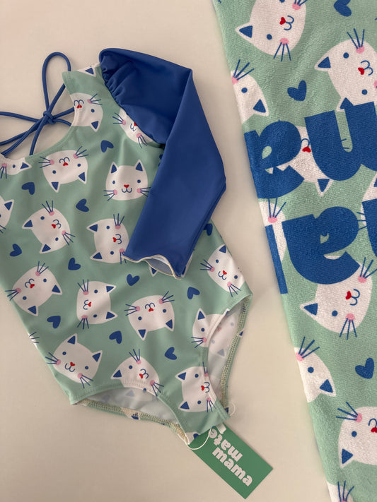 MARINA - Детски цял бански с дълъг ръкав и UV защита (UPF 50+) - котета