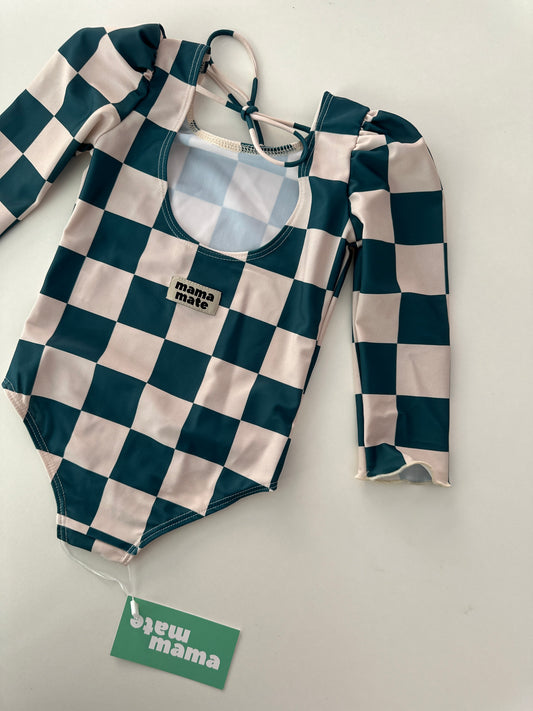 MARINA - Детски цял бански с дълъг ръкав и UV защита (UPF 50+) - green checks