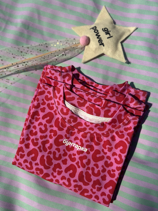 Oversized children's T-shirt "rebel" pink leopard