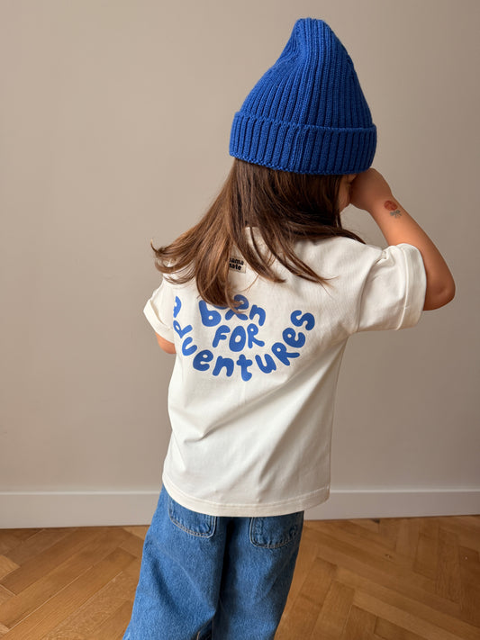 Детска оувърсайз тениска “born for adventures” - екрю (SS26)
