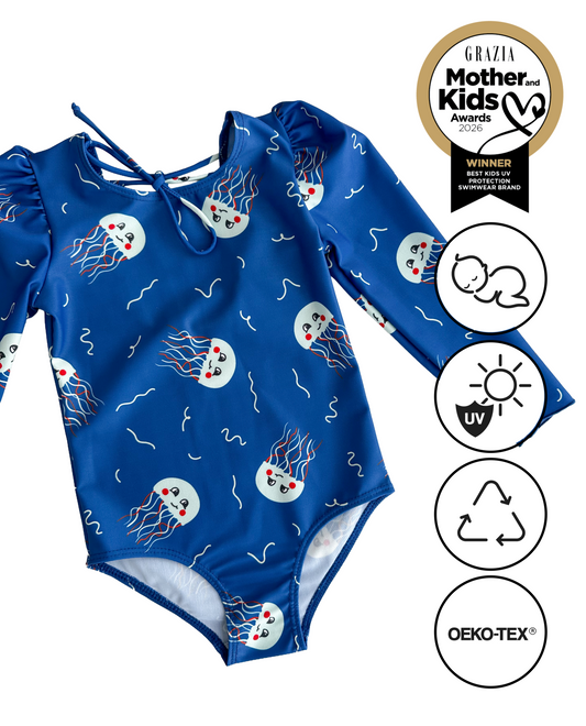 MARINA - Детски цял бански с дълъг ръкав и UV защита (UPF 50+) - JELLY FISH BLUE SS26