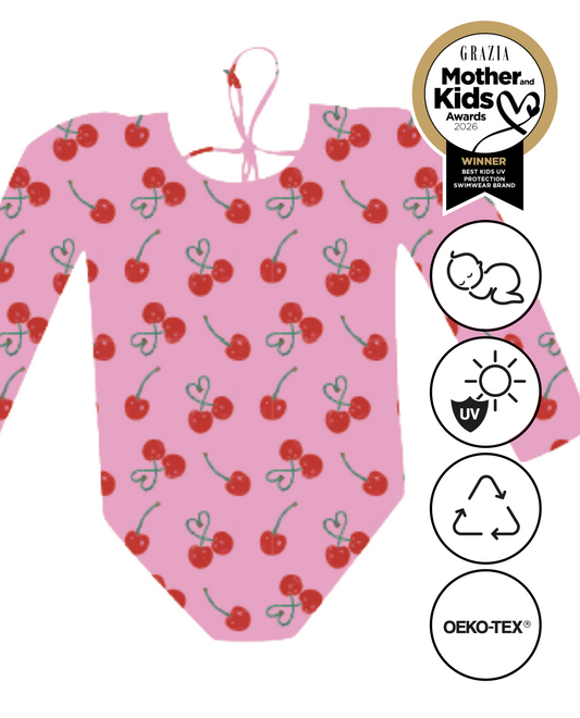 *PRE-ORDER* MARINA - Детски цял бански с дълъг ръкав и UV защита (UPF 50+) - cherries SS26
