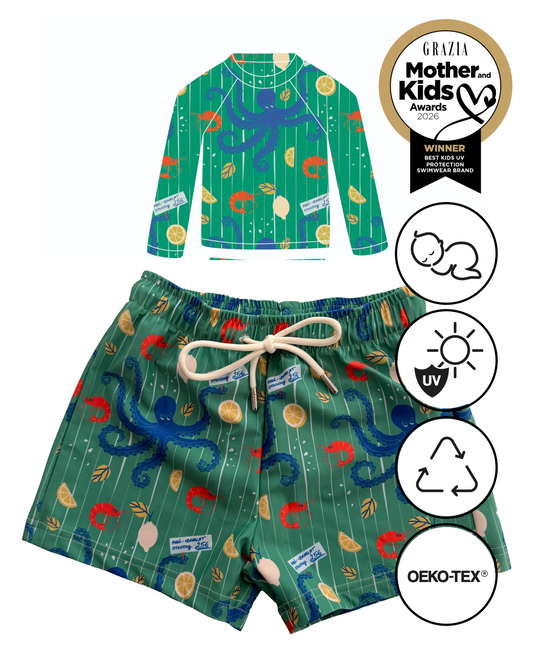 *PRECOMANDĂ* PACHET cu protecție UV (UPF 50+) NOA - pantaloni scurți de surf pentru copii și top cu mânecă lungă ANDI - colecția OCTOPUS verde pentru mame 2 copii *ediție limitată*