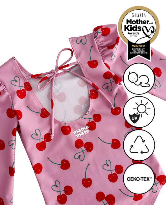 Детски цял бански с дълъг ръкав и UV защита (UPF 50+) - cherries SS26