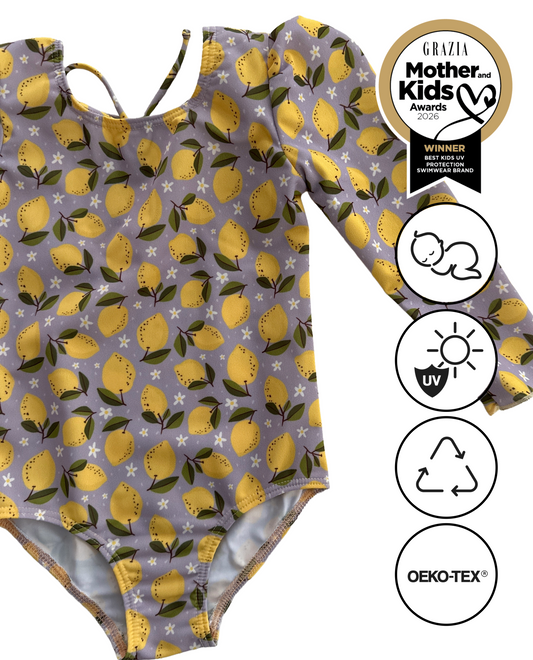MARINA - Детски цял бански с дълъг ръкав и UV защита (UPF 50+) - лимонов принт