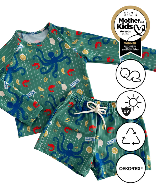 *PRECOMANDĂ* PACHET cu protecție UV (UPF 50+) NOA - pantaloni scurți de surf pentru copii și top cu mânecă lungă ANDI - colecția OCTOPUS verde pentru mame 2 copii *ediție limitată*