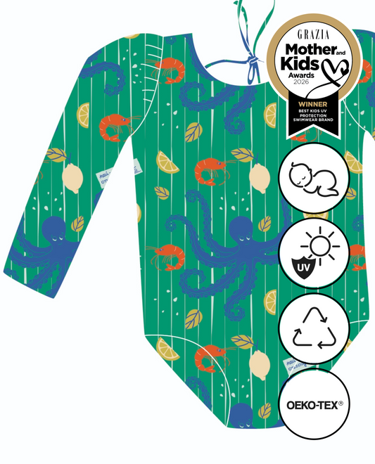 *PRECOMANDĂ* MARINA - Costum de baie pentru copii, dintr-o singură piesă, cu mâneci lungi și protecție UV (UPF 50+) - colecția OCTOPUS green mom 2 kid *ediție limitată*