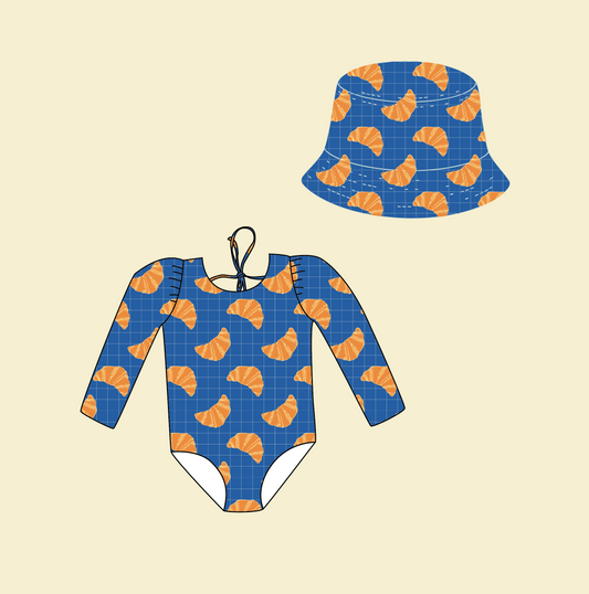 *PRE-ORDER* Bundle бански & шапка - MARINA - Детски цял бански с дълъг ръкав и UV защита (UPF 50+) - кроасани cobalt blue SS26