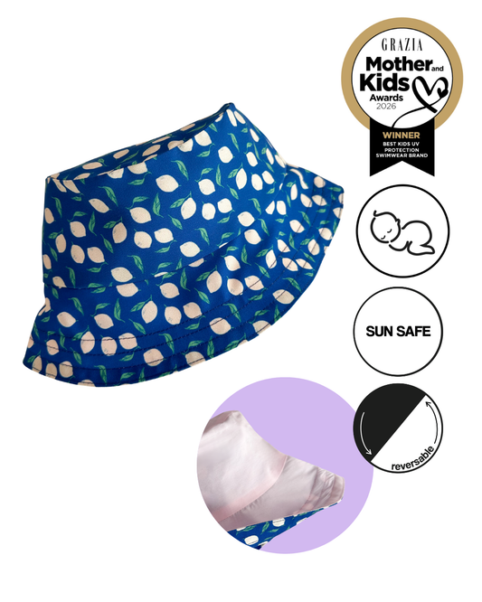 Двулицева детска шапка с естествена UV бариера - BIO LEMONS blue mom 2 kid collection *limited edition*