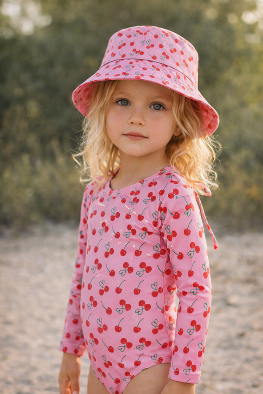 *PRE-ORDER* Bundle бански & шапка - MARINA - Детски цял бански с дълъг ръкав и UV защита (UPF 50+) - cherries SS26