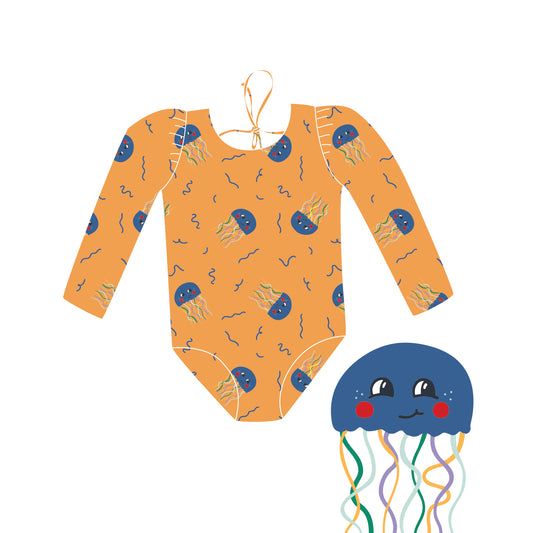 *PRE-ORDER* MARINA - Детски цял бански с дълъг ръкав и UV защита (UPF 50+) - JELLY FISH ORANGE HIGH VISIBILITY SS26