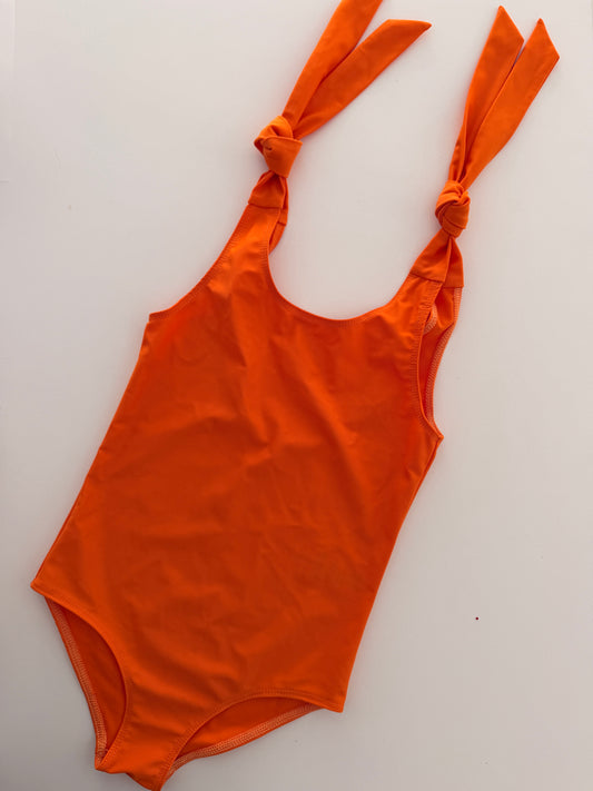 Детски цял бански UPF50+ с връзки на рамото “бунтарка” - neon orange