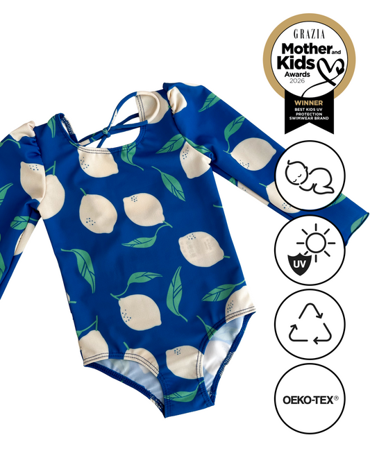 *PRECOMANDĂ* MARINA - Costum de baie pentru copii, dintr-o singură piesă, cu mâneci lungi și protecție UV (UPF 50+) - BIO LEMONS colecția blue mom 2 kid *ediție limitată*