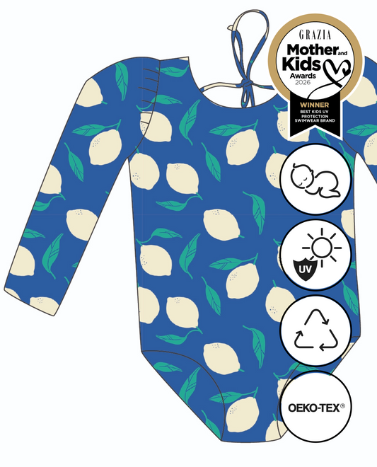 *PRE-ORDER* MARINA - Детски цял бански с дълъг ръкав и UV защита (UPF 50+) - BIO LEMONS blue mom 2 kid collection *limited edition*