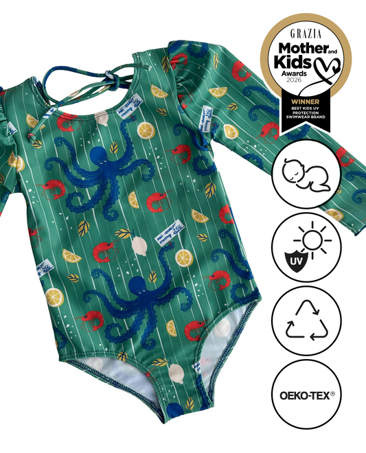 *PRECOMANDĂ* MARINA - Costum de baie pentru copii, dintr-o singură piesă, cu mâneci lungi și protecție UV (UPF 50+) - colecția OCTOPUS green mom 2 kid *ediție limitată*