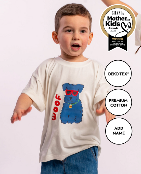 Oversized Kids T-Shirt “WOOF” in Ecru – high quality cotton | Made in Bulgaria