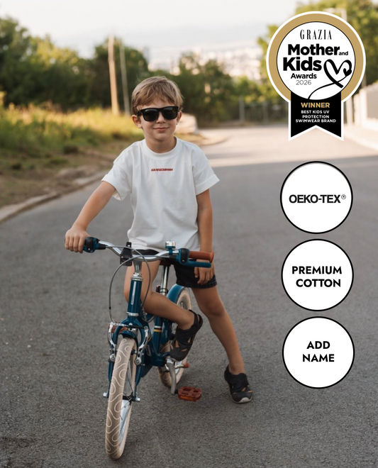 Детска оувърсайз тениска “калпазанин” - екрю / синя / зелен чай