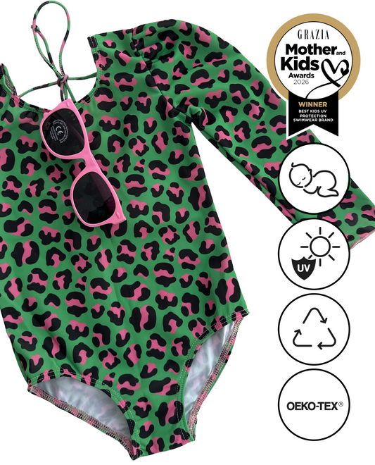 MARINA - Детски цял бански с дълъг ръкав и UV защита (UPF 50+) - зелен леопардов принт
