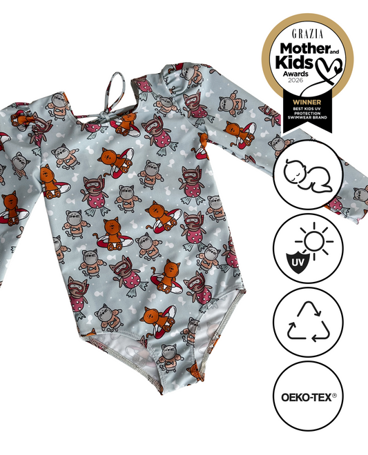 MARINA - Children's one-piece swimsuit with long sleeves and UV protection (UPF 50+) - kittens
