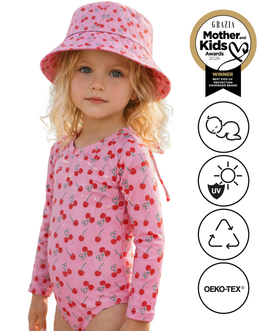 *PRE-ORDER* Bundle бански & шапка - MARINA - Детски цял бански с дълъг ръкав и UV защита (UPF 50+) - cherries SS26