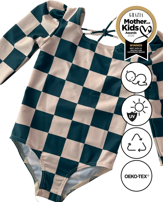 MARINA - Детски цял бански с дълъг ръкав и UV защита (UPF 50+) - green checks