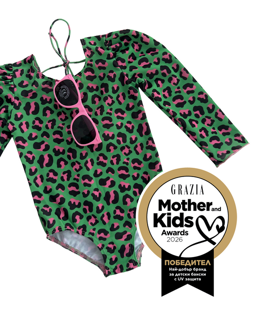 MARINA - Детски цял бански с дълъг ръкав и UV защита (UPF 50+) - зелен леопардов принт