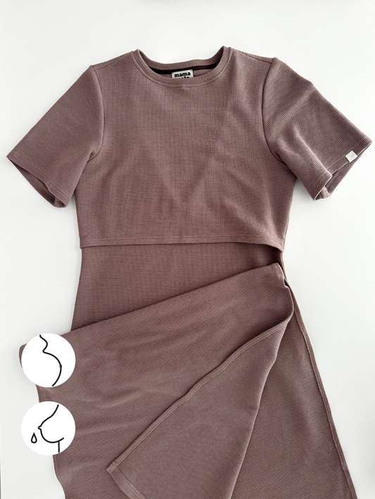 KALI - long maternity and nursing waffle dress in mocha color (coming soon)