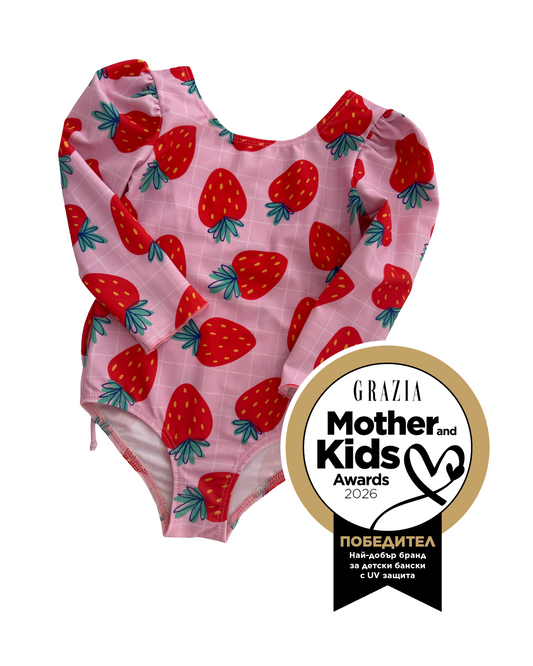 Children's one-piece swimsuit long sleeve *with UV protection* - strawberries 